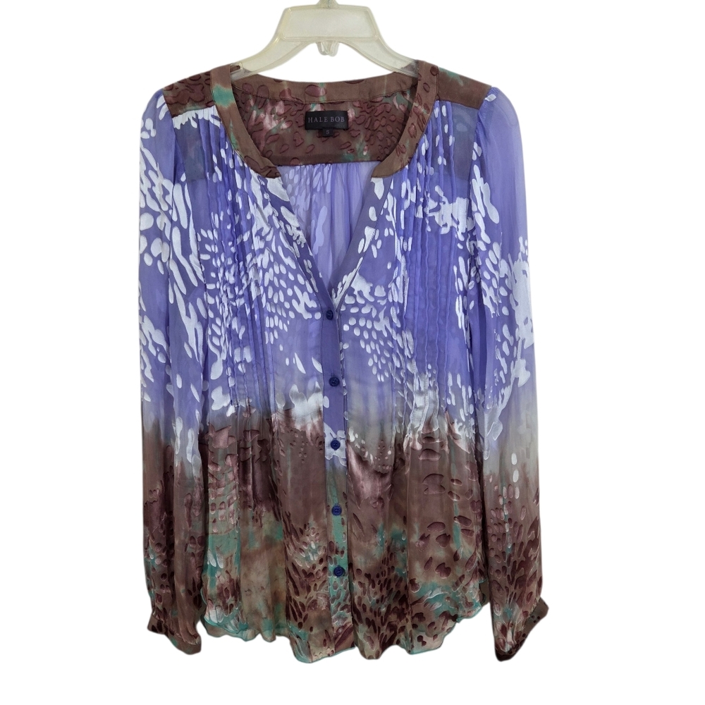 Hale Bob Silk Burnout Blouse Top Button Front Sheer Purple Brown Small Boho